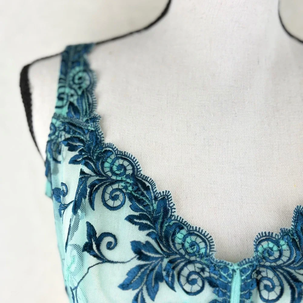 Soma Sensuous Lace Unlined Bra 38D Teal Green Navy‎ Blue Floral Embroidered Mesh